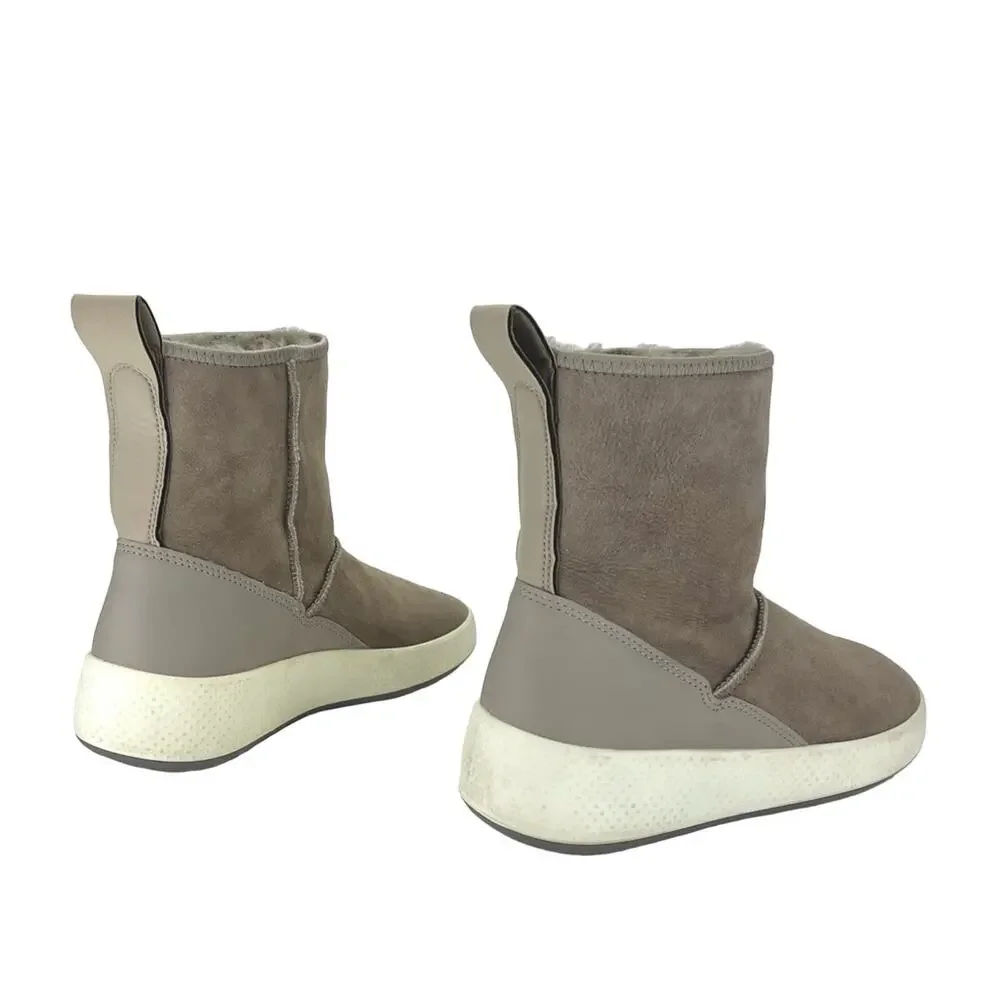Ecco Women Taupe Winter Boot Size 5-5.5 Leather Shearling Lined Foldable Bootie